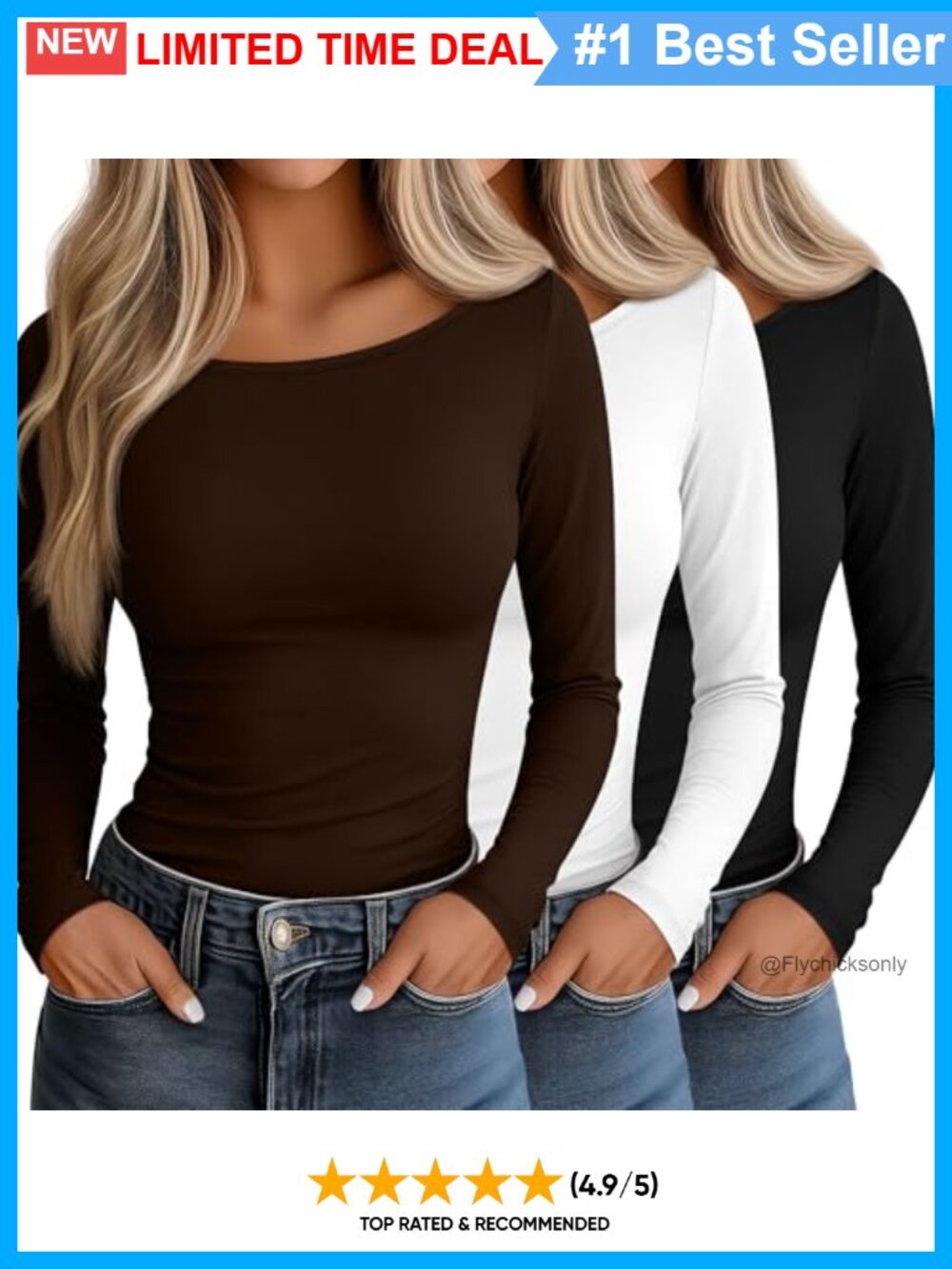 3 Pack Women Long Sleeve Boat Neck Tight Tops Undershirts